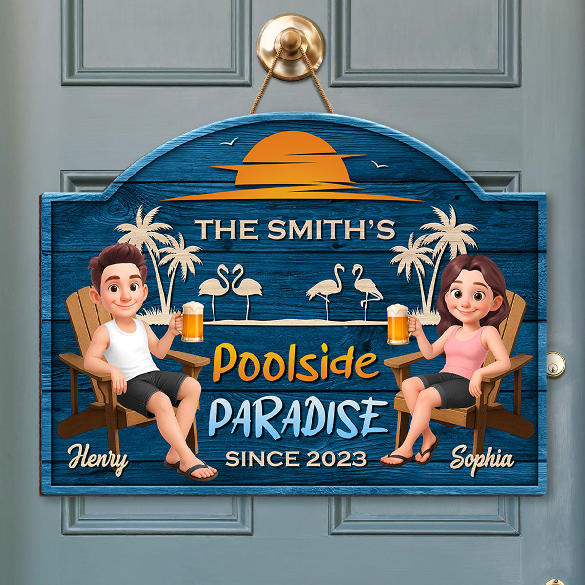Cute Cartoon Couple Family Poolside Paradise Personalized Wood Sign