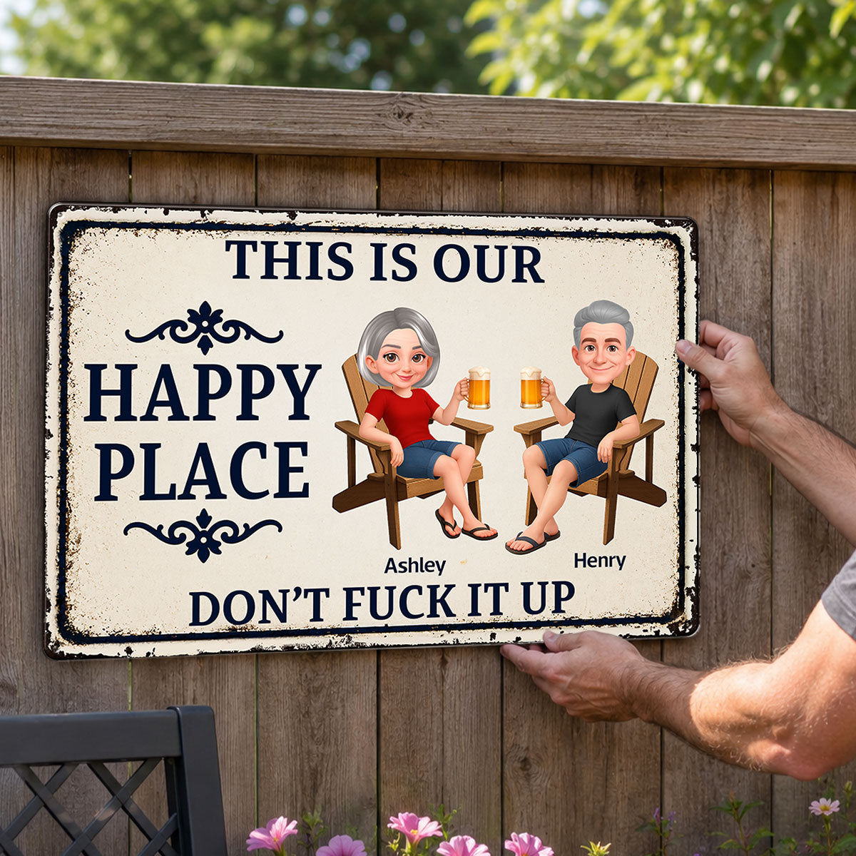 Couple This Is Our Happy Place - Personalized Metal Sign - Funny Sarcasm Decoration For Patio, Garden, Farmhouse Porch, Man Cave, Garage