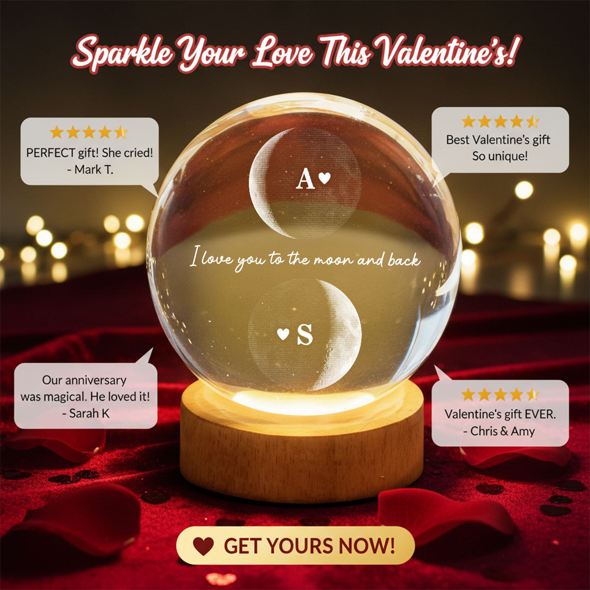 Custom Couple Moon Phase - Personalized Crystal Ball LED Night Light - Valentine's Day Gift For Couple, For Her, For Him