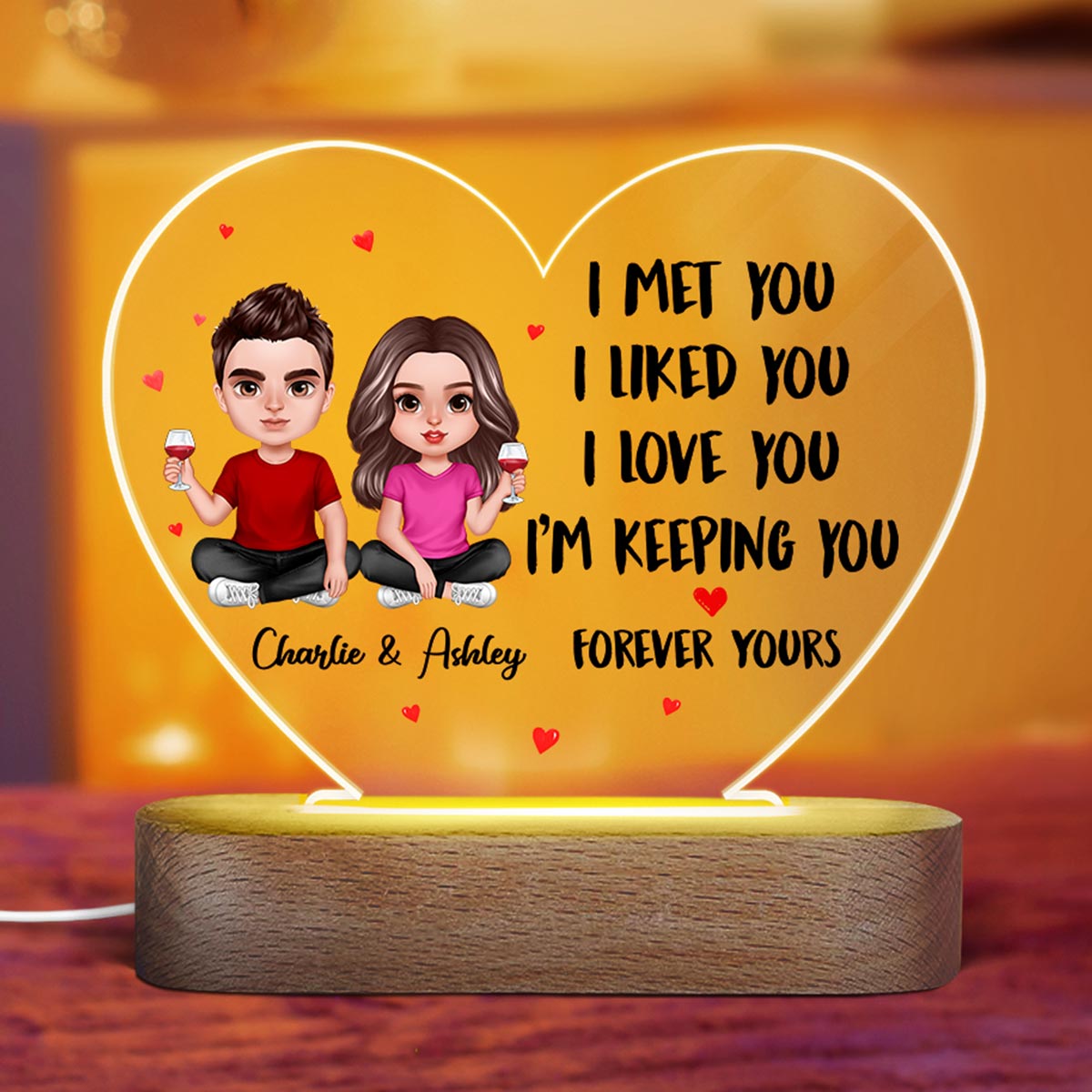 Doll Couple Sitting Realistic Gift For Him For Her Personalized Acrylic Heart Plaque LED Lamp Night Light