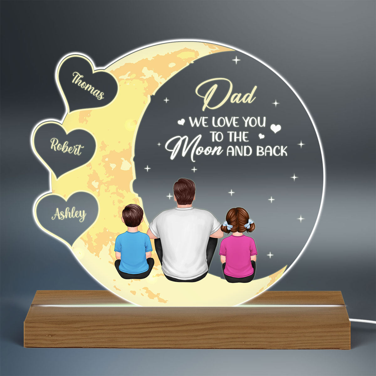 Best Dad Ever I Love You To The Moon And Back Back View Man Sitting With Kids Dogs Cats Personalized Custom Shape Acrylic Plaque Warm LED Night Light