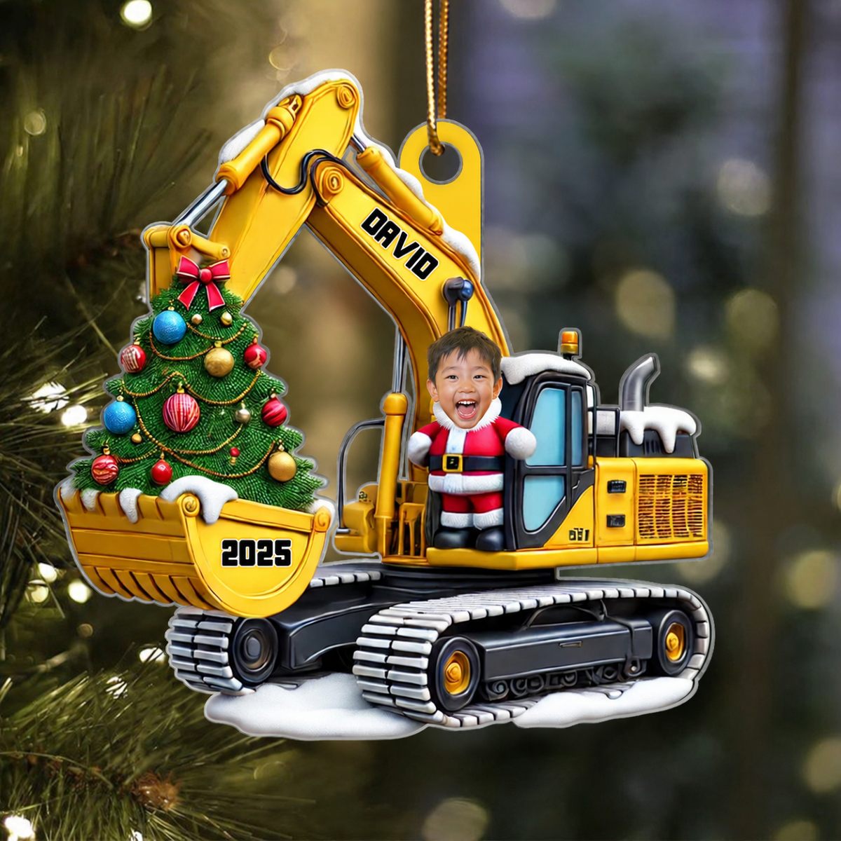 Personalized Xmas Excavator Construction Backhoe Kid Photo Ornament, 3D Effect Xmas Gift For Kids