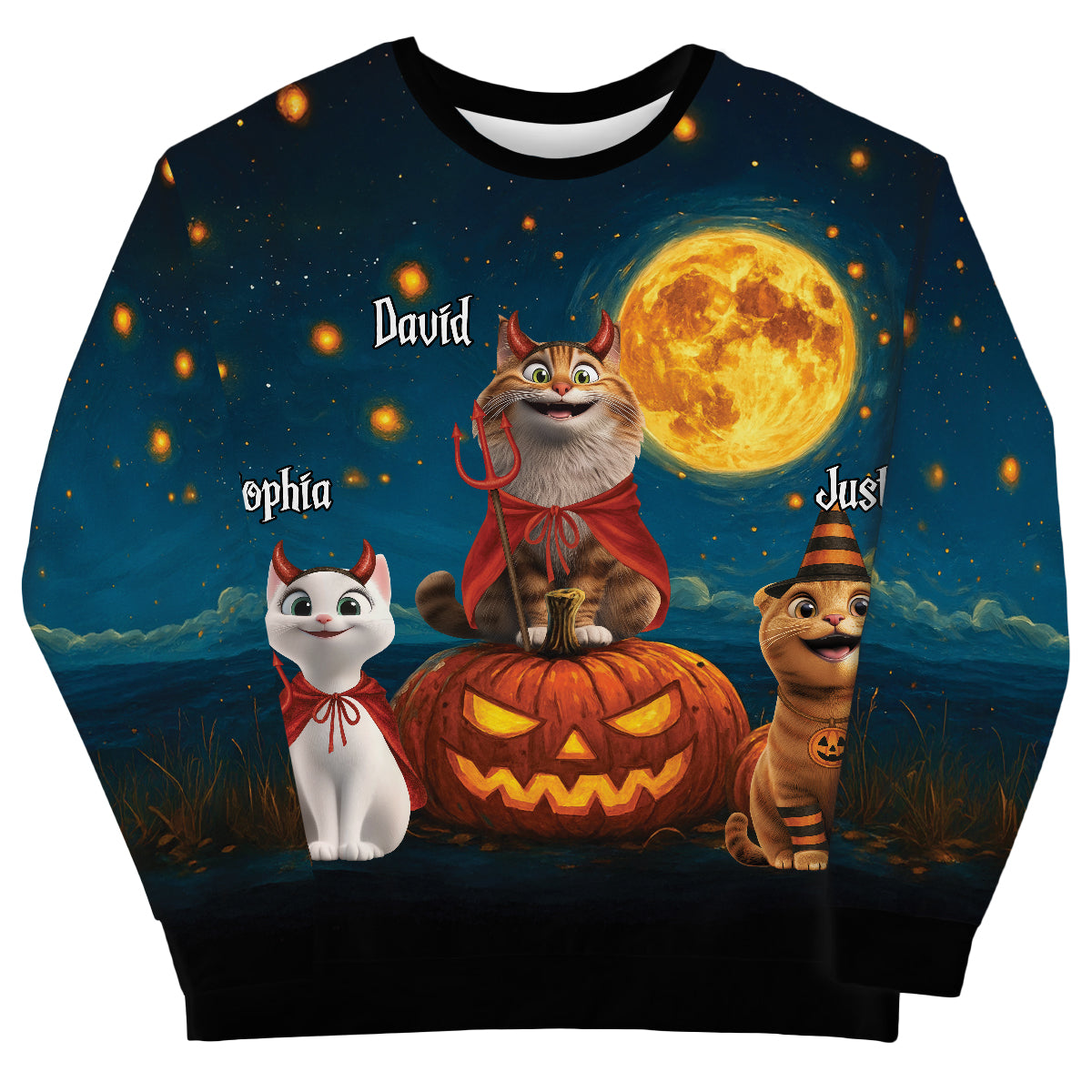 Halloween Cats Sitting in a Starry Night Personalized 3D Sweatshirt, Halloween Costume for Cat Lovers