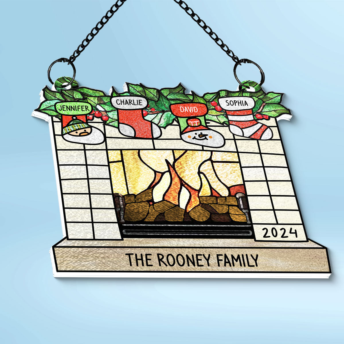 Family Christmas Stockings on Fireplace Personalized Suncatcher, Christmas Stained Glass Decor