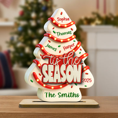 Tis The Season Christmas Tree Cake Family Names - Personalized 2-Layered Wooden Plaque