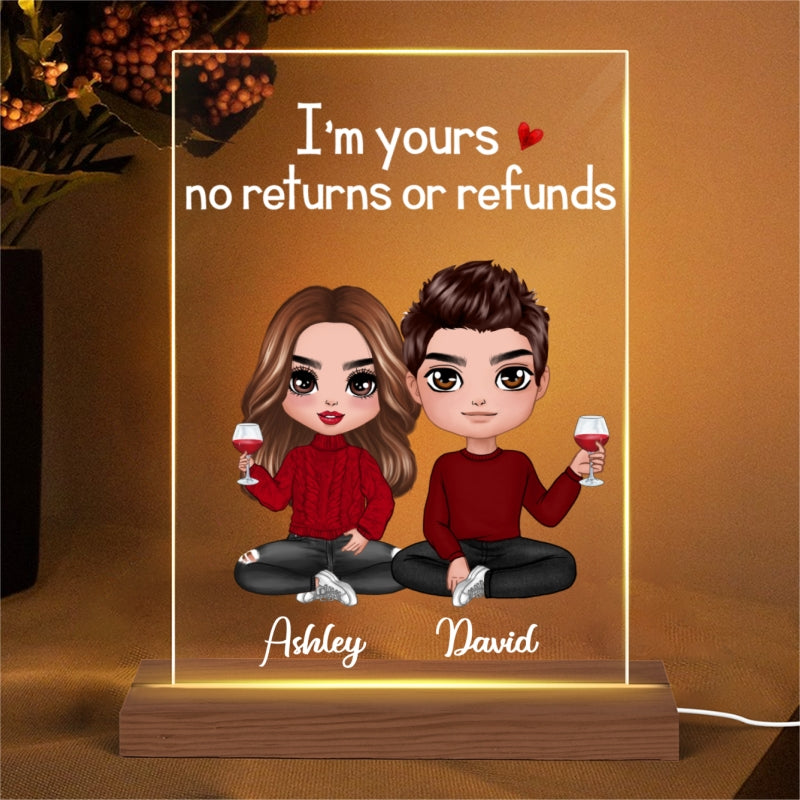 I'm Yours No Returns Or Refunds Doll Couple Sitting - Personalized Acrylic Block Plaque LED Night Light - Anniversary Gift For Him, Gift For Her