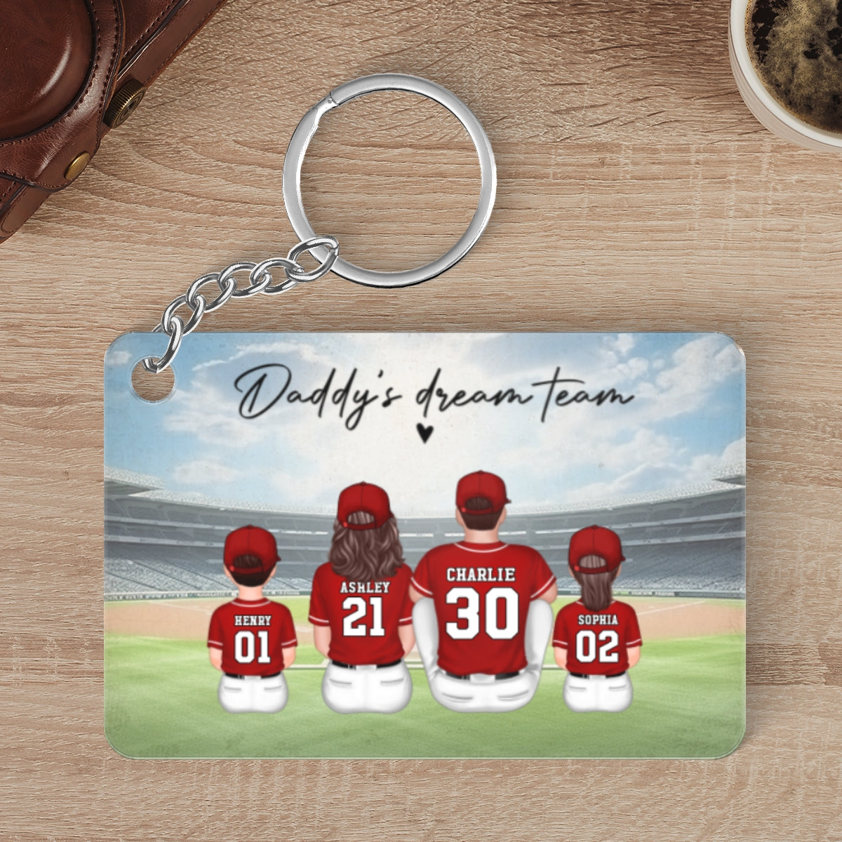 Daddy's Team Baseball Family Sitting Personalized Acrylic Keychain, Father's Day Gift For Dad, Grandpa, Husband