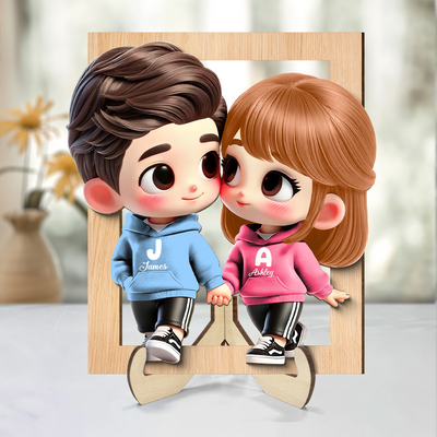 3D Effect Cute Cartoon Couple Holding Hands Personalized 2-Layered Wooden Plaque, Anniversary &  Gift for him, Gift for her