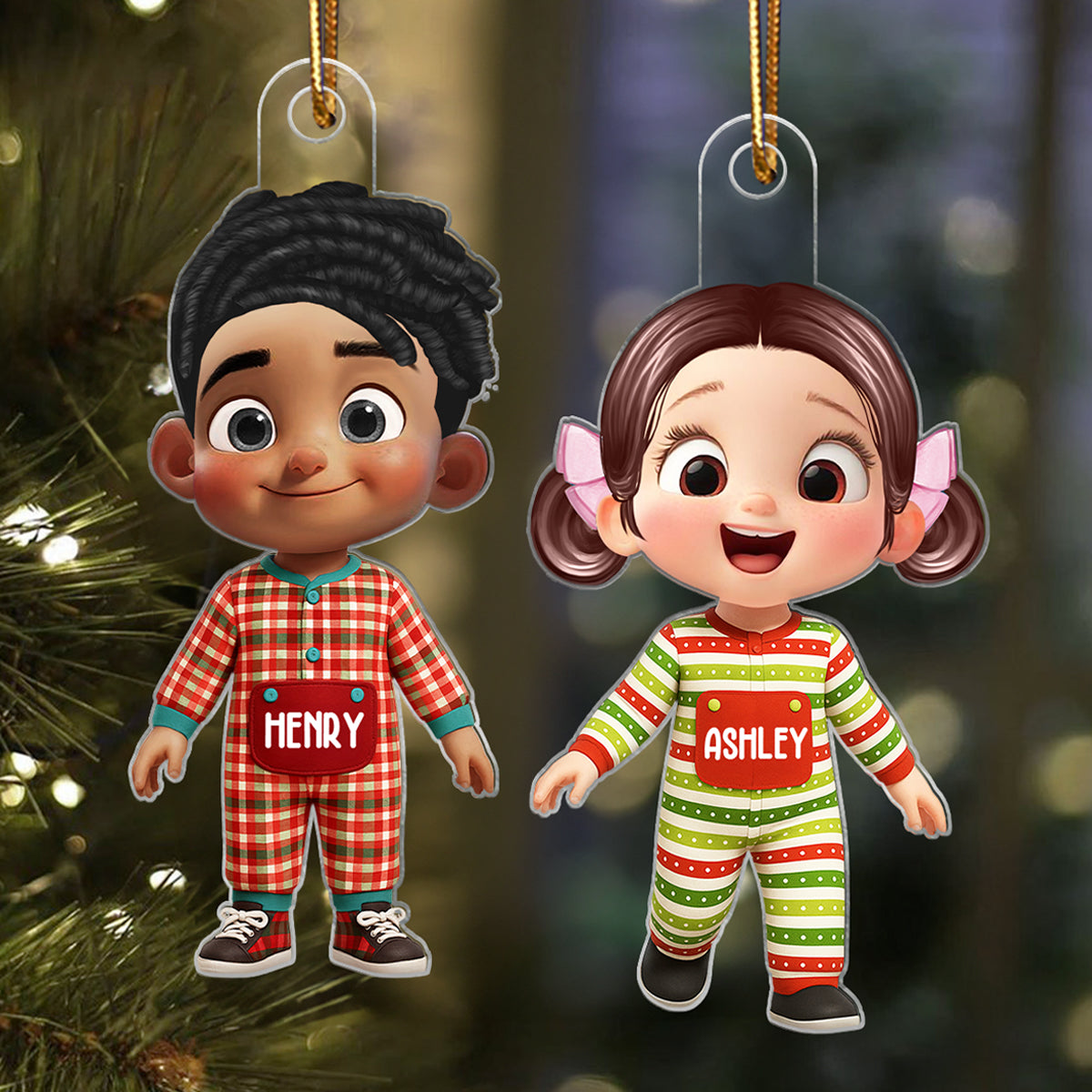 Cute Kids Pajama Personalized Christmas Ornaments, Christmas Gift for Kids, Grandkids, Plaid pajamas