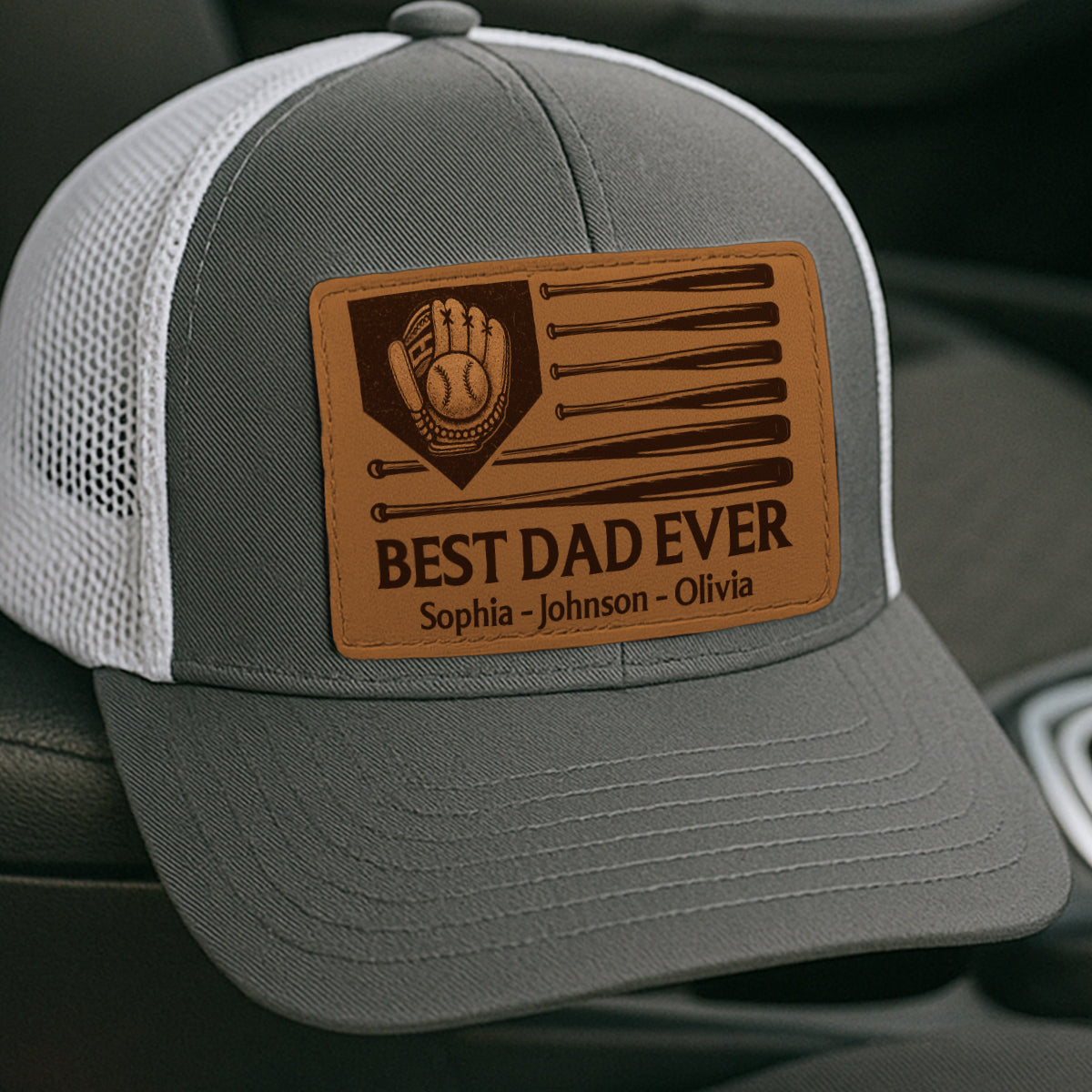 Dad's Home Run Best Dad Ever Baseball Themed Personalized Leather Patch Hat