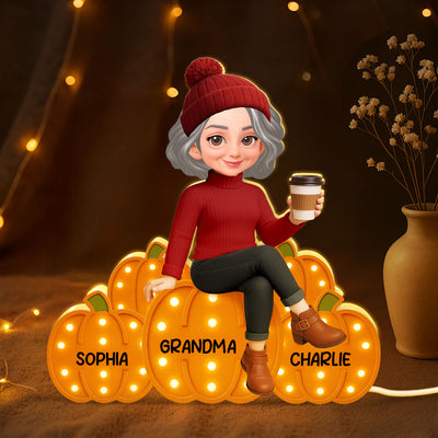 Grandma Mom Sitting On Pumpkins Marquee Pattern Effect Personalized LED Light Box, Cozy Fall Vibe Home Decoration