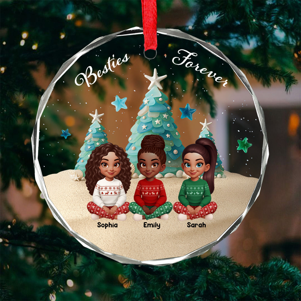 3D Sea Glass Effect Christmas Tree Beautiful Besties Forever - Personalized Glass Ornament - Gift For Best Friends