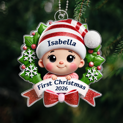 Baby's First Christmas Personalized Custom Shaped Acrylic Ornament, Baby In Christmas Wreath, Christmas in July