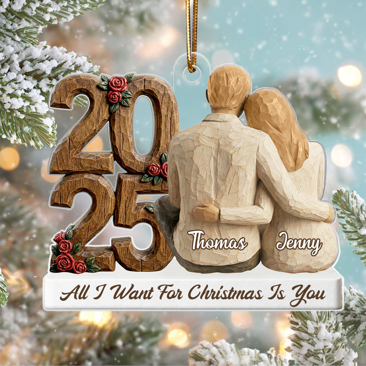 Couple Back View Hugging Faux Wood - Personalized Acrylic Ornament - Heartwarming Christmas Gift For Him, For Her, For Couple