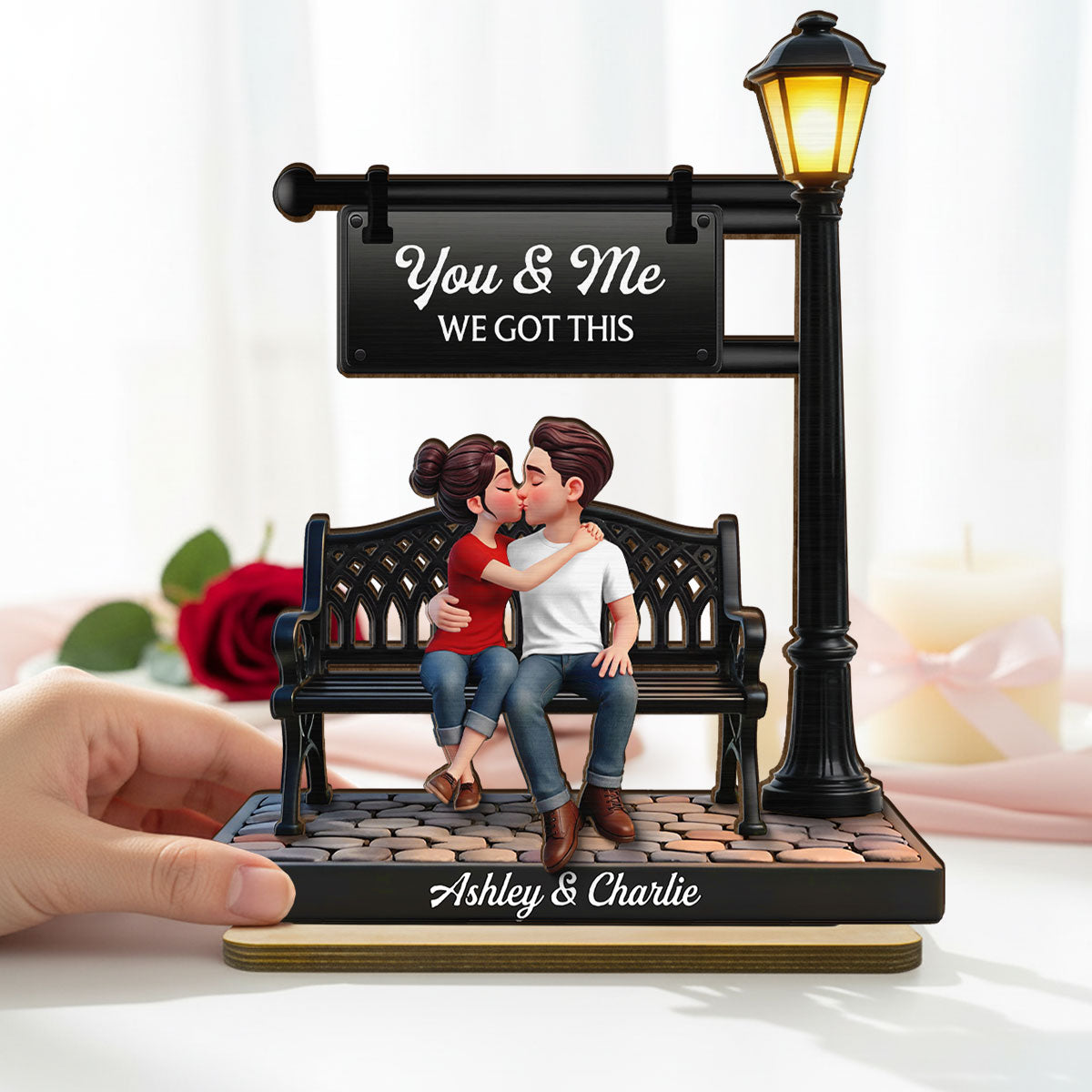 Everlasting Love Couple Sitting Kissing Under Lamp Post - Personalized 2-Layered Wooden Plaque - Heartfelt Gift For Couple