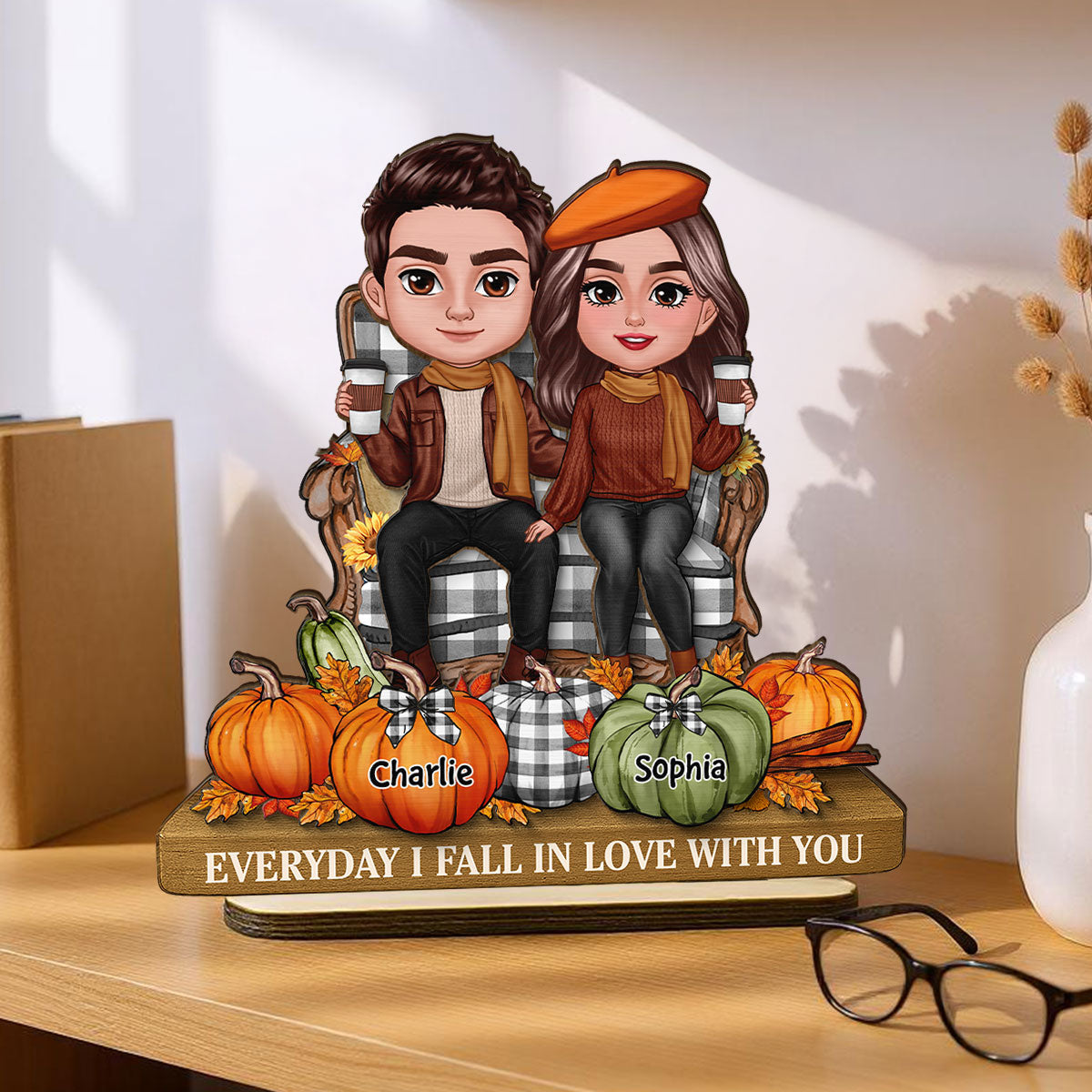 3D Effect Fall Season Couple Sitting Pumpkins Personalized 2-Layer Standing Wooden Plaque
