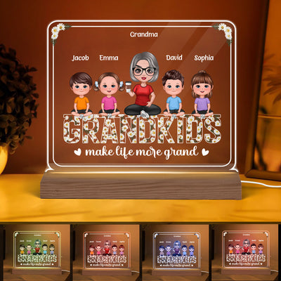 Grandma And Grandkids Sitting On Daisy Flowers Word Personalized Custom Shape Acrylic Plaque LED Night Light