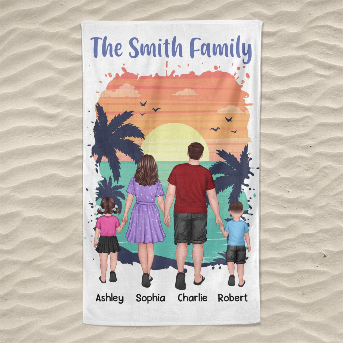 Family Standing Back View Summber Personalized Beach Towel