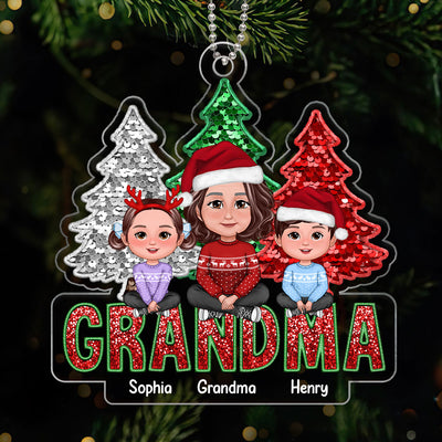 Faux Sequin Red Green Christmas Grandma & Grandkids Sitting On Word Personalized Acrylic Ornament