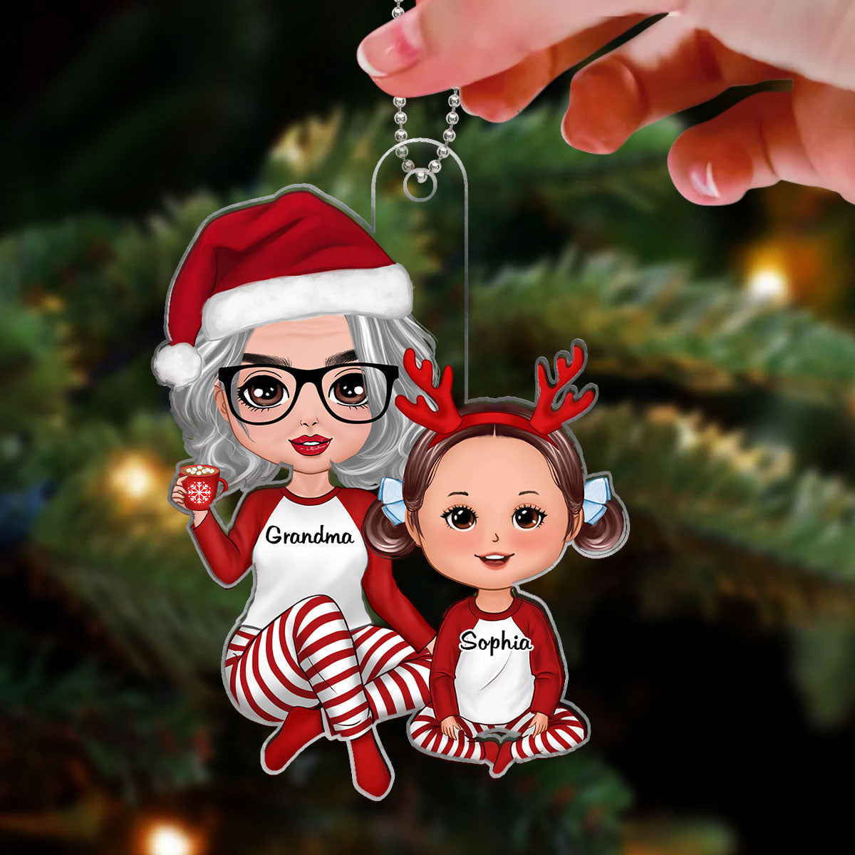 Christmas Pajamas Doll Grandma & Grandkid Sitting Gift For Granddaughter Grandson Personalized Acrylic Ornament