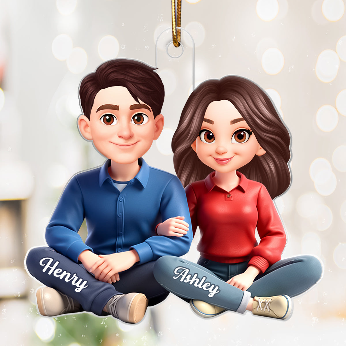 Loving Cartoon Couple Sitting Together - Personalized Acrylic Ornament - Christmas Gift for him, Gift for her