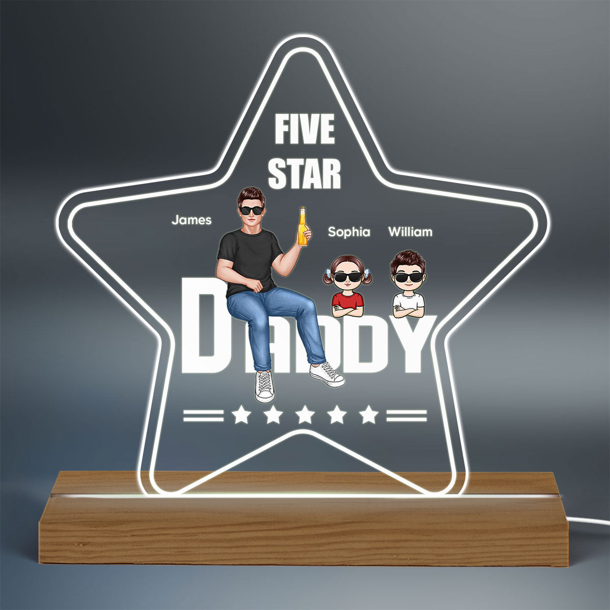 Daddy Sitting On Text Real Man And Kids Personalized Warm Acrylic Custom Shape LED Night Light