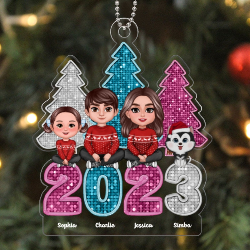 Family Sitting Crossed Legs Faux Glitter Sequins Christmas Tree Personalized Acrylic Ornament