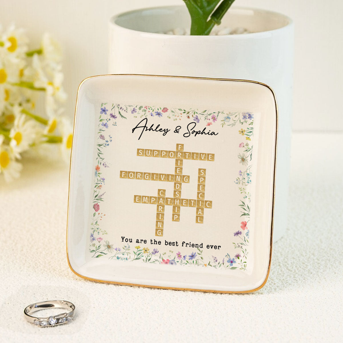 Best Friend Sister Ever Crossword Art - Created In A Moment Personalized Jewelry Dish , Birthday Gift for Bestie, Wedding Bridesmaid Gift