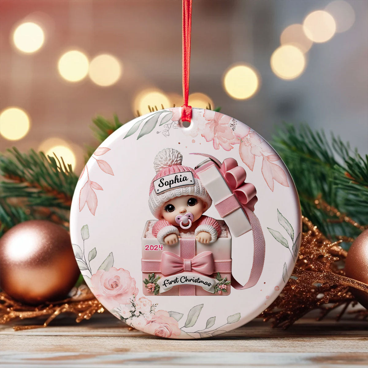 Floral Wreath Baby Inside Gift Box Personalized Ceramic Ornament, Baby First Christmas Keepsake