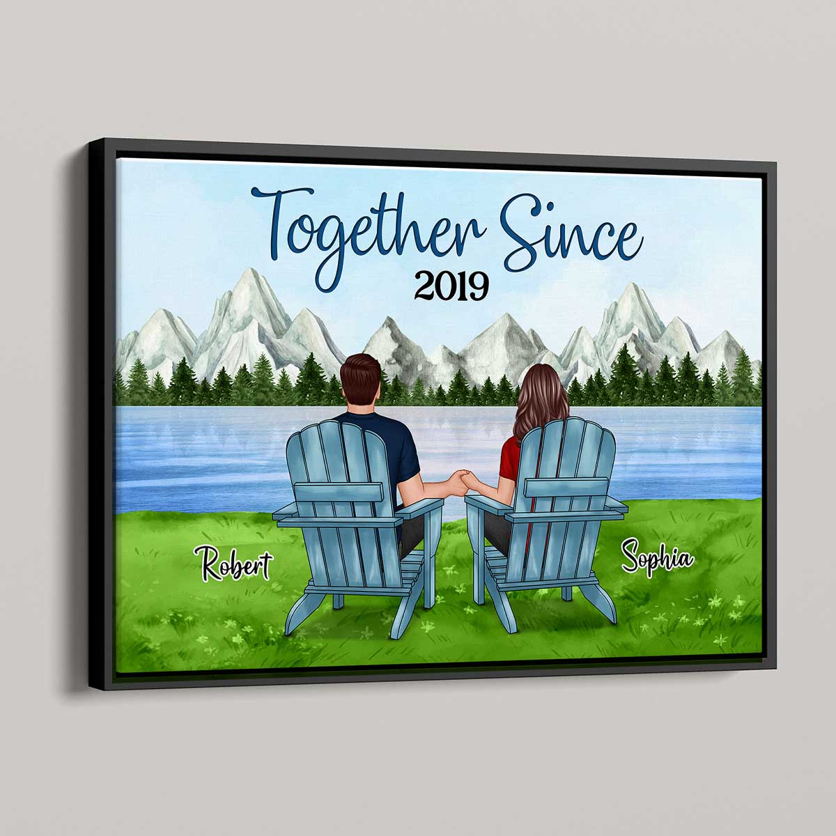 Couple Back View Sitting At Lake Mountain Personalized Horizontal Poster