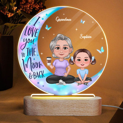 Pretty Doll Grandma Grandkids On Galaxy Moon Personalized Acrylic Circle LED Night Light