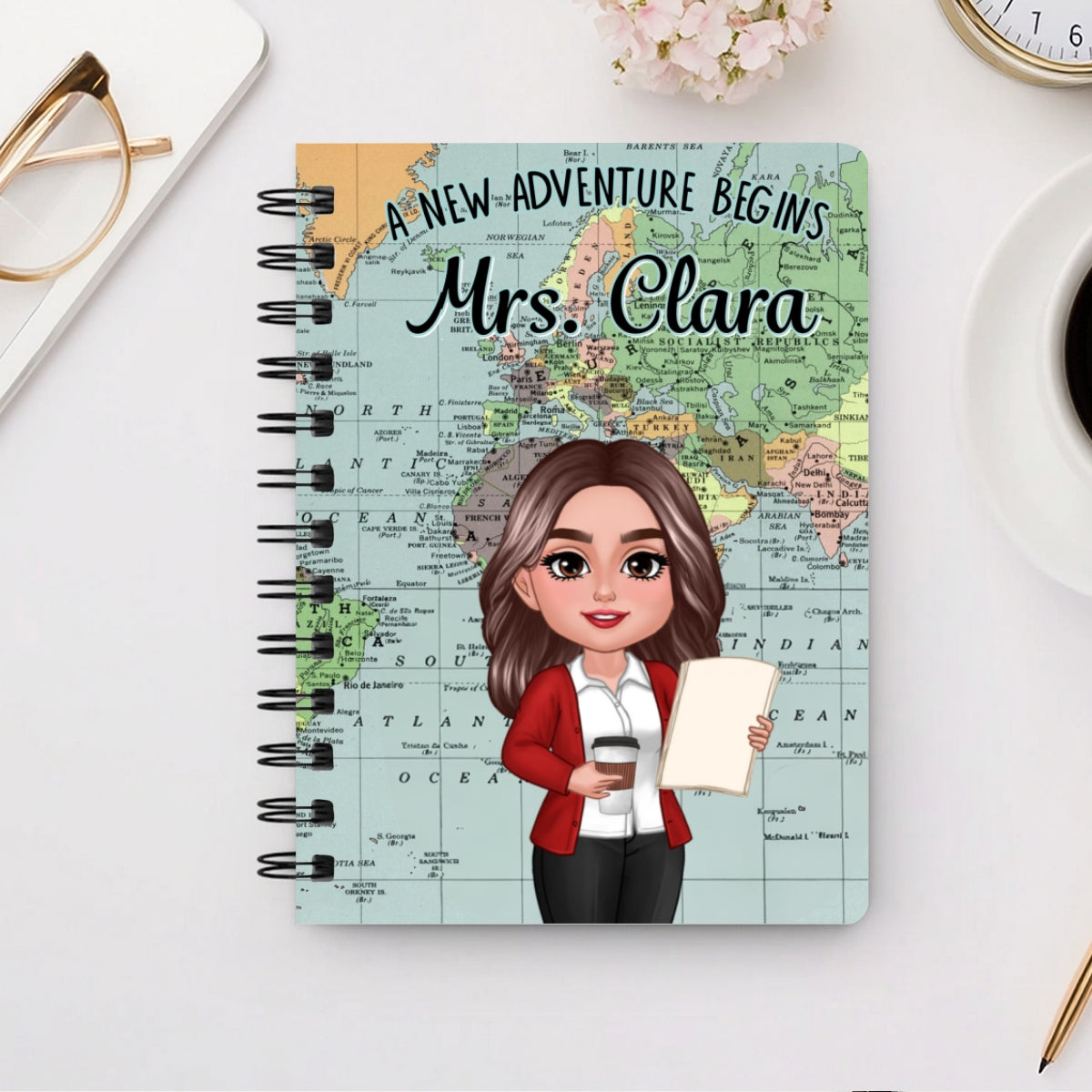 World Map Adventure Themed Teacher Book Of Notes Personalized Spiral Notebook Journal, Back To School Stationery