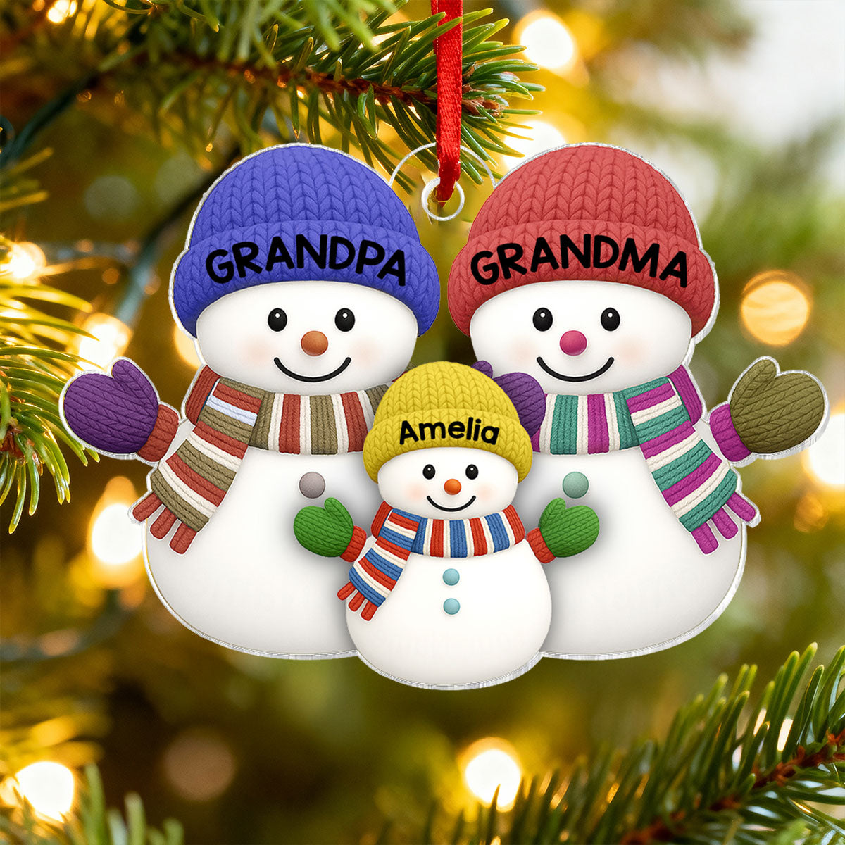 Christmas Grandma Grandpa And Grandkid Snowman Together - Personalized Acrylic Ornament