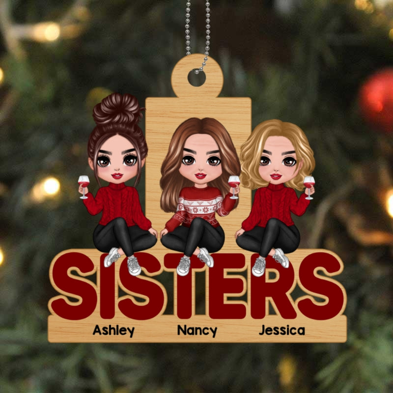 Doll Sisters Sitting On Word Personalized Wooden Ornament