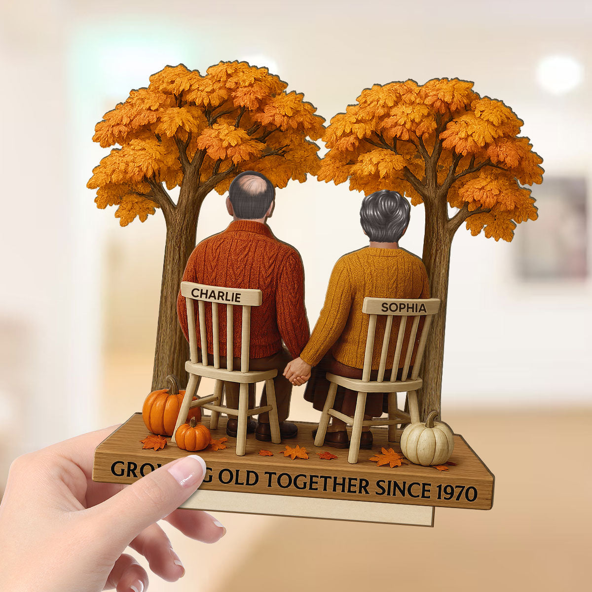 3D Effect Fall Season Back View Couple Growing Old Together Personalized 2-Layer Standing Wooden Plaque