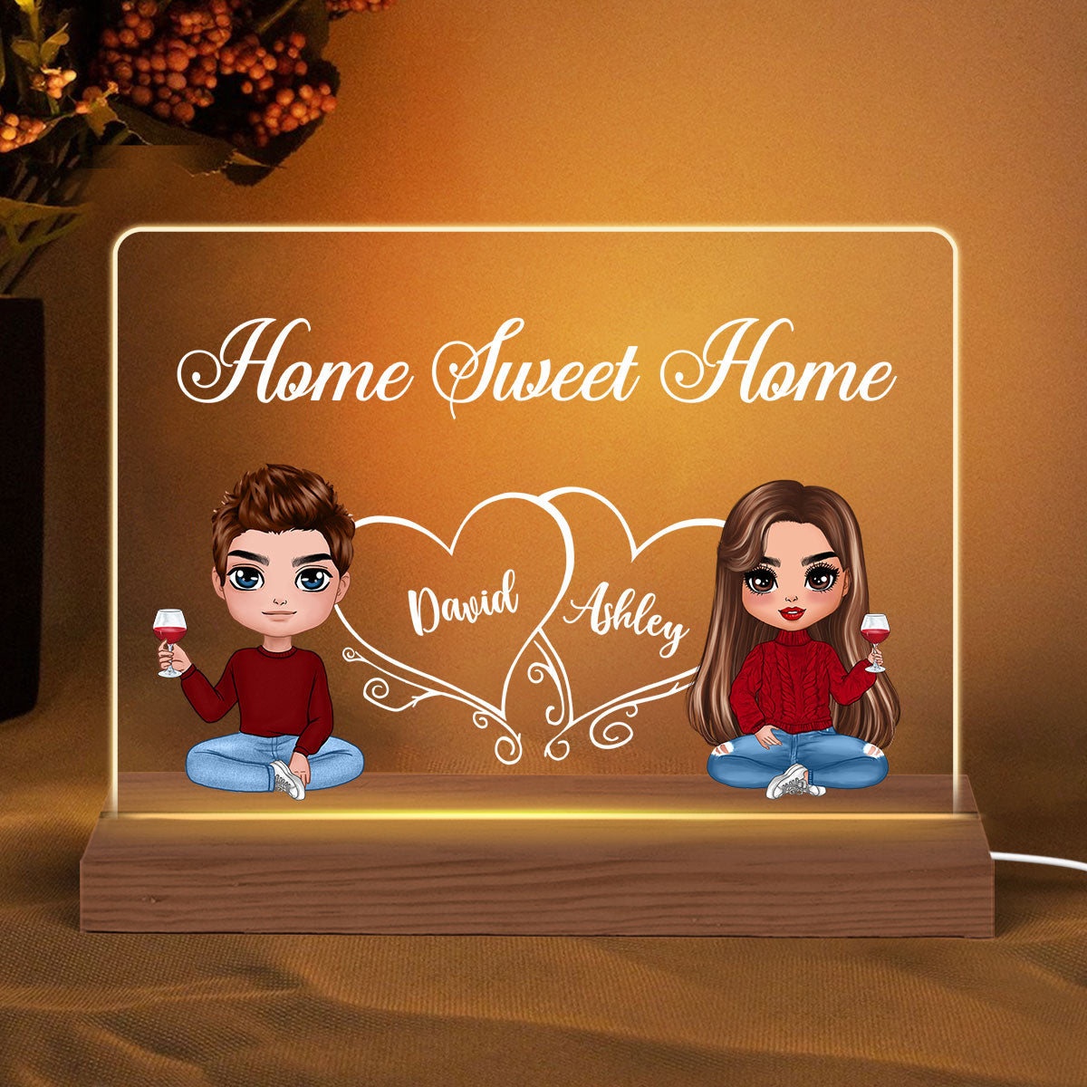 Doll Couple Sitting Home Sweet Home Gift For Him For Her Personalized Custom Shape LED Night Light