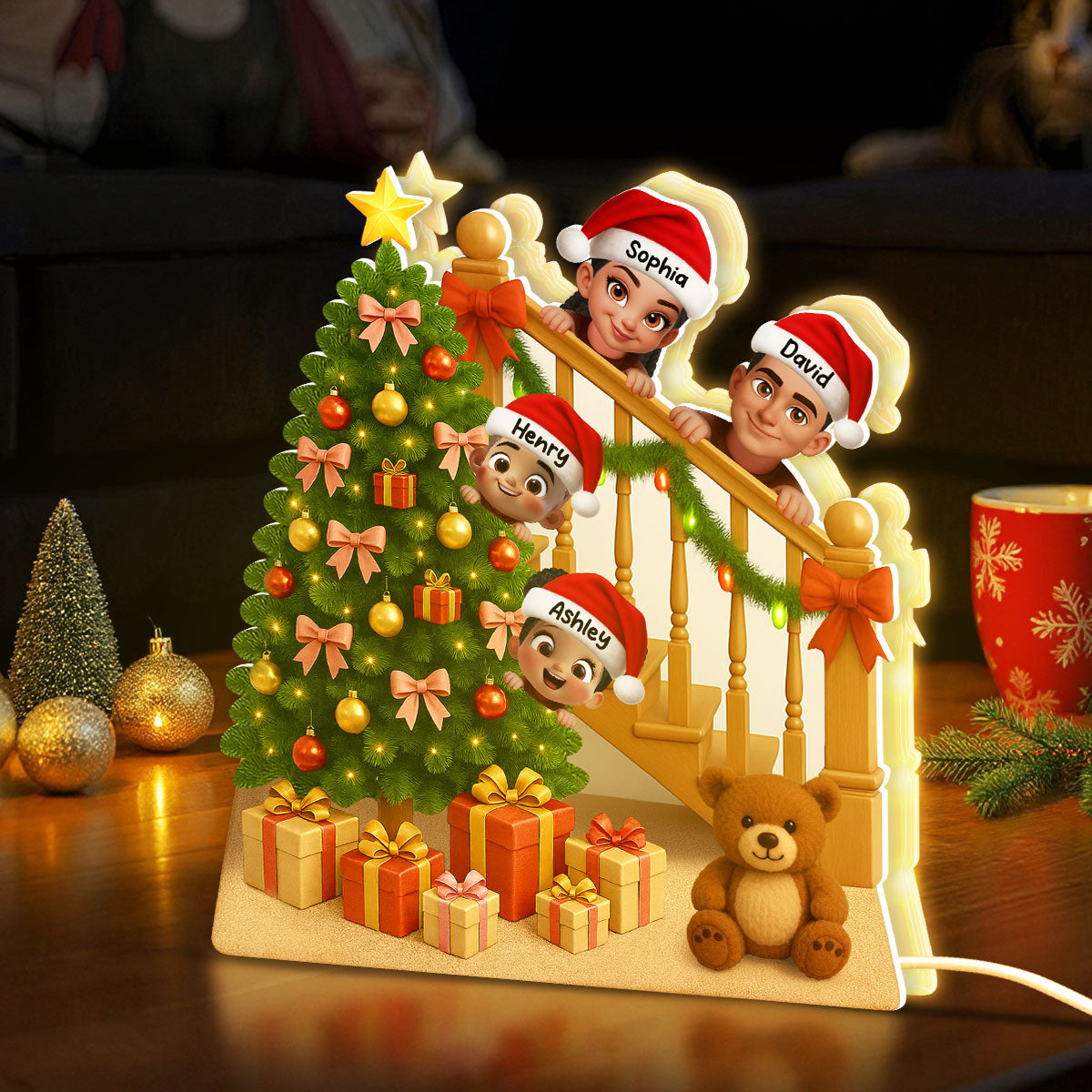 Peeking Family Christmas Tree And Stair Personalized LED Light Box