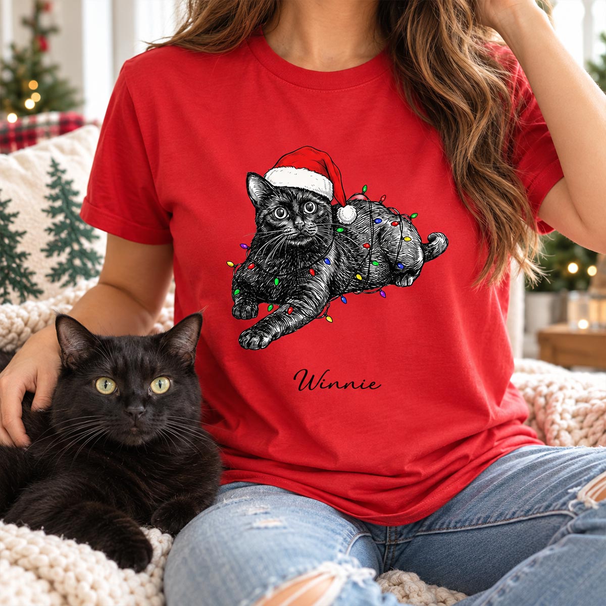 Custom Pet Portrait Christmas Hat & Strings Upload Your Photo - Personalized Shirt - Trendy Christmas Gift For Dog Lover