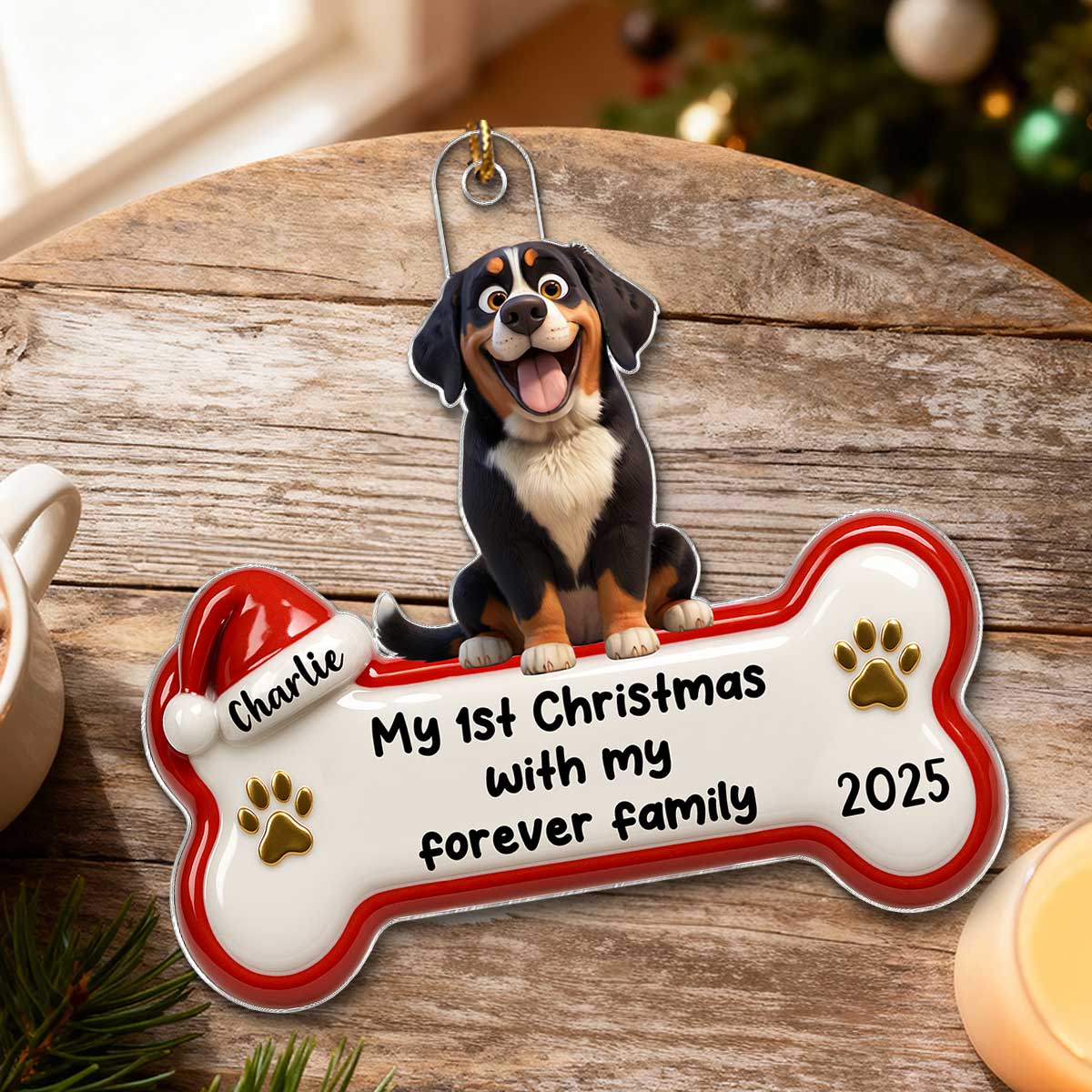 1st Christmas With Forever Family Cartoon Dog 3D Effect - Personalized Acrylic Ornament
