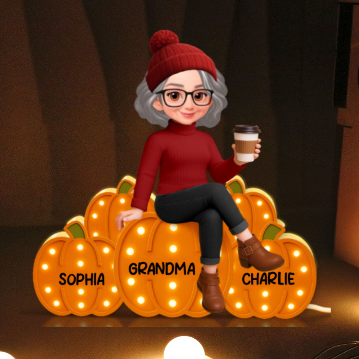 Grandma Mom Sitting On Pumpkins Marquee Pattern Effect Personalized LED Light Box, Cozy Fall Vibe Home Decoration