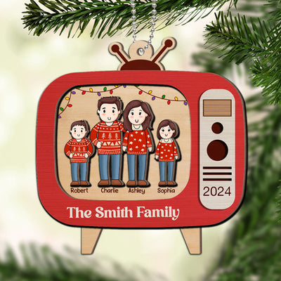 Comic Family In Christmas Red Retro Televison Personalized 2-Layer Wooden Ornament