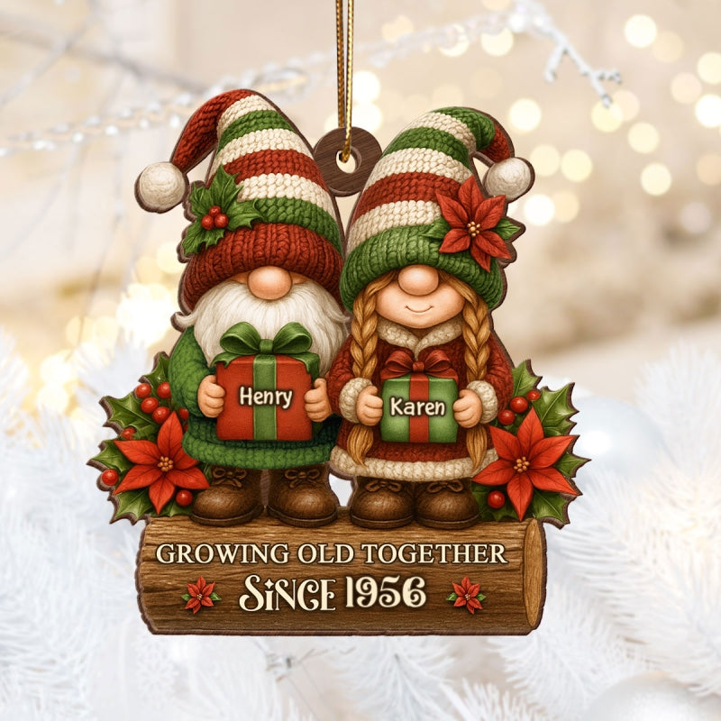 Gnome Couple Growing Old Together - Personalized Wooden Ornament - Christmas Gift for Husband, Wife