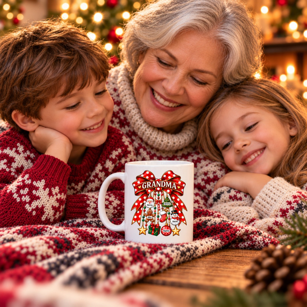Grandma Retro Christmas Charm Bow - Personalized Mug - Trendy Christmas for Grandma