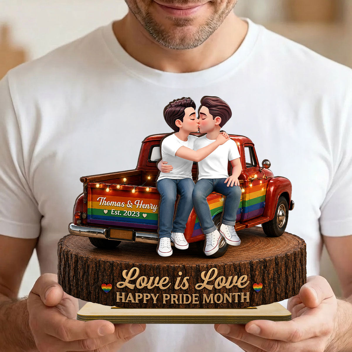 LGBT+ Couple Truck Love Is Love - Personalized 2-Layered Wooden Plaque - Gift For Couple, Happy Pride Month