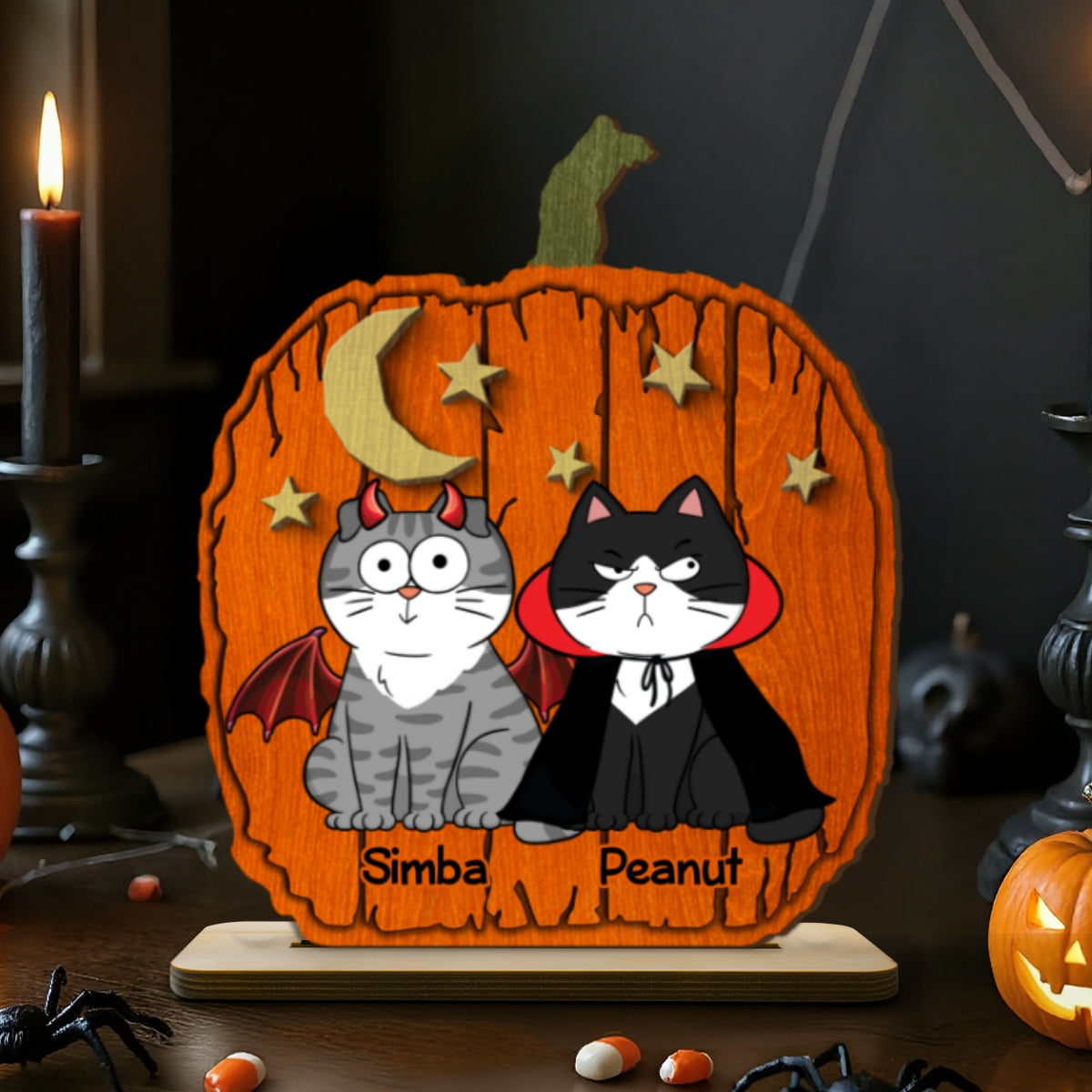 Halloween Funny Cats Pumpkin Shaped Personalized 2-Layer Standing Wooden Plaque, Spooky Halloween Tabletop, Tiered Tray, Shelf Sitter Decoration