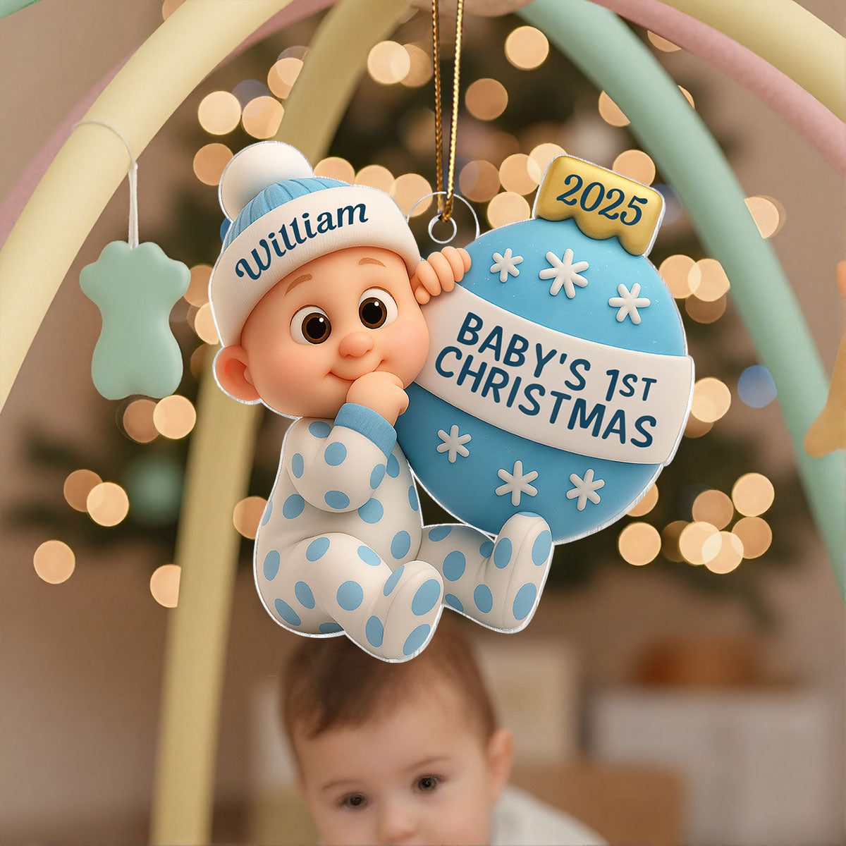 3D Effect Cute Cartoon Baby Beside Christmas Bauble Baby's 1st Christmas Personalized Acrylic Flat Ornament