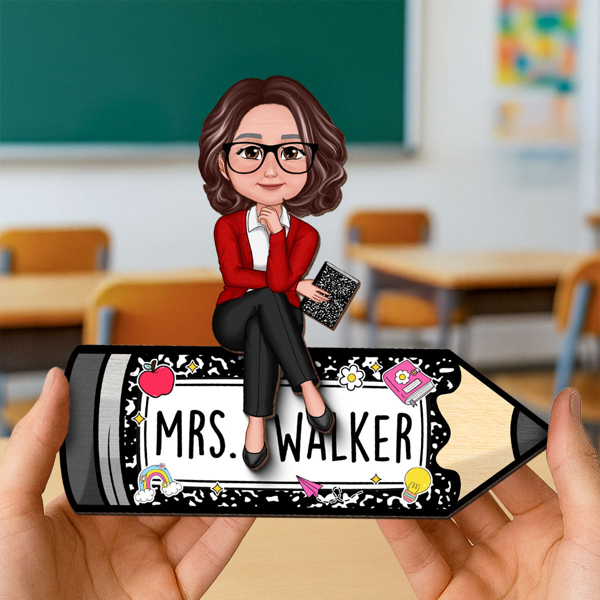 Teacher Sitting on Pencil Composition Book Pattern Personalized 2-Layered Wooden Plaque, Desk Decor for Classroom, Teacher Gift