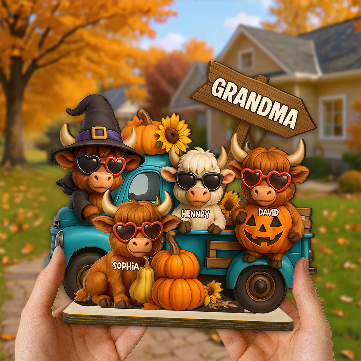 Mom Grandma Highland Cow on Truck Personalized Standing Wooden Plaque, Cozy Fall Vibe Halloween Decor for Mom, Grandma