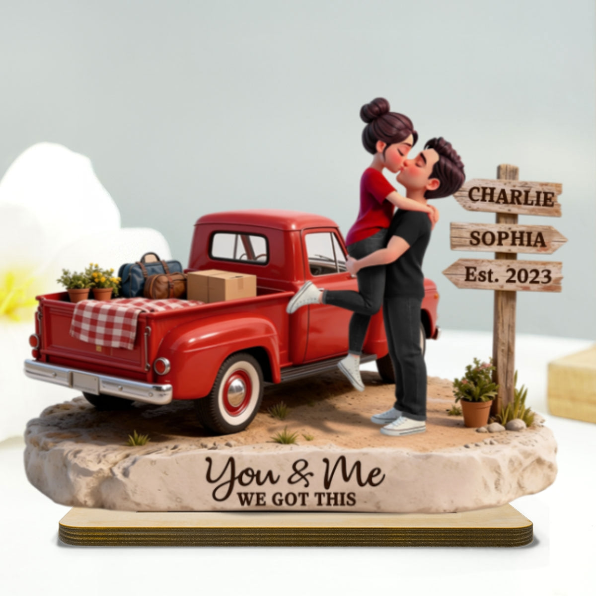 Romantic Couple Pickup Truck Sign Post - Personalized 2-Layered Wooden Plaque - Heartfelt Valentine's Day Gift For Couple, Farmhouse Decor