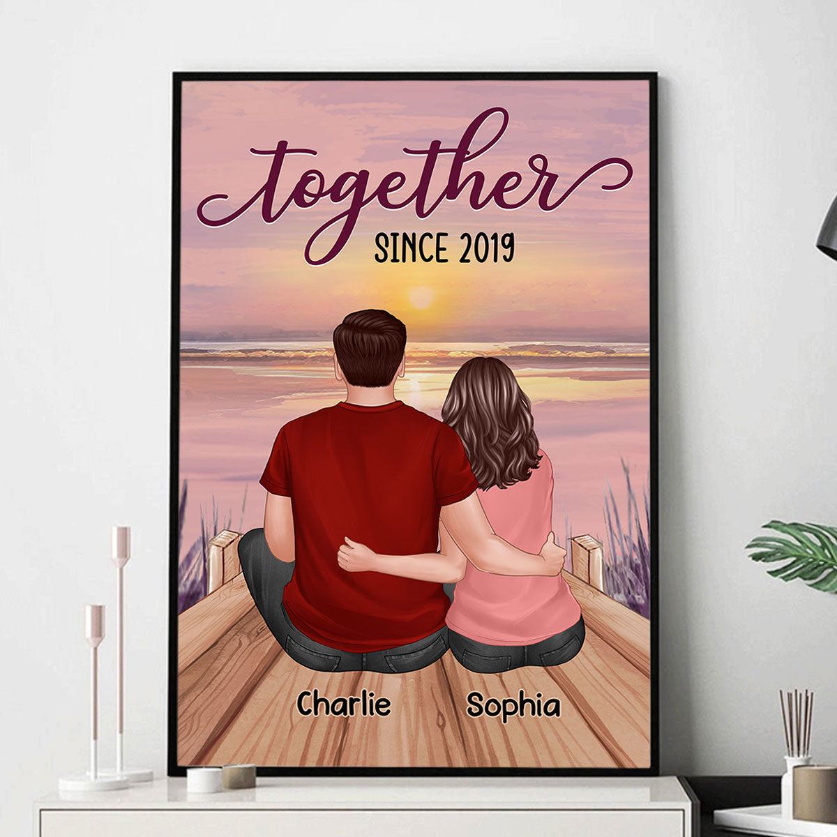 Couple Sitting Back View Lake Sunset Personalized Vertical Poster